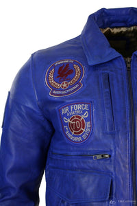 Mens Real Leather Black Bomber Badge Air Force Pilot Flying Jacket-Blue