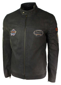 Real Leather Vintage Brown Racer Badge Mens Biker Jacket Washed Distressed Slim Fit