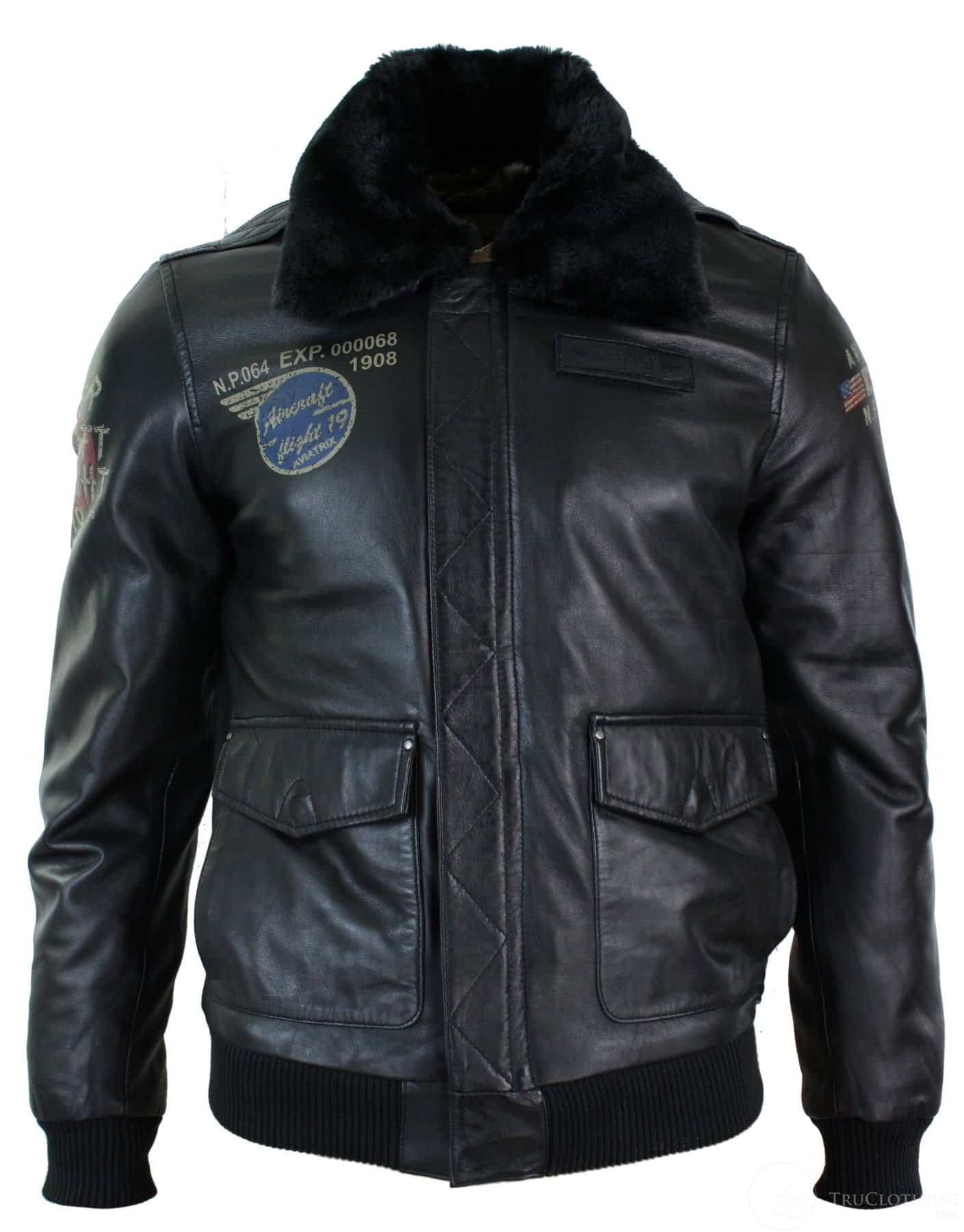 Mens Real Leather Black Aviator Fur Collar Pilot Jacket Slim Fit Bomber