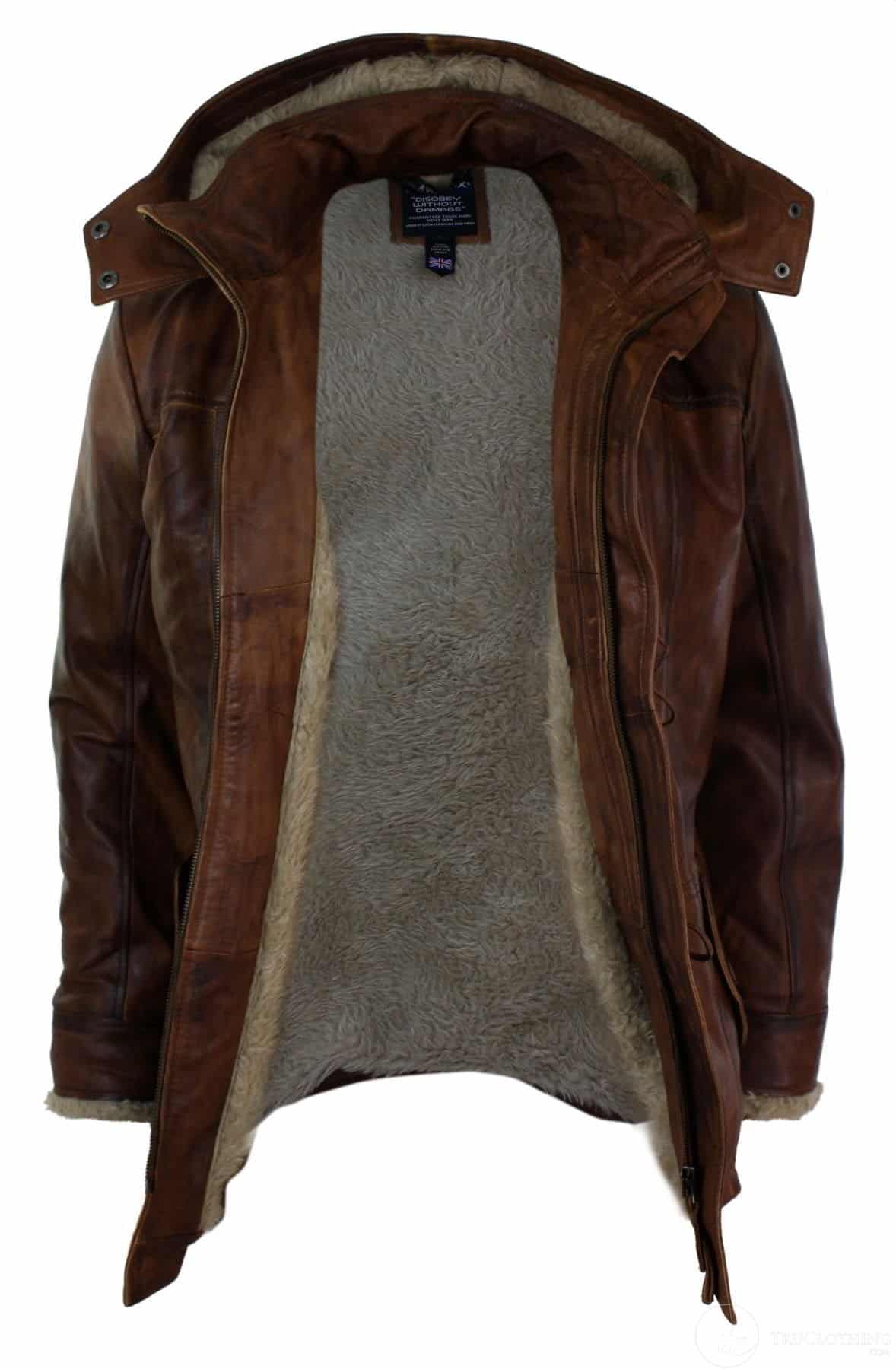 Mens Real Leather Hood Duffle Safari Jacket Long 3/4 Fur Washed Timber Brown Tan-Nevada Timber