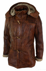 Mens Real Leather Hood Duffle Safari Jacket Long 3/4 Fur Washed Timber Brown Tan-Nevada Timber