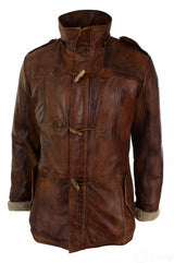 Mens Real Leather Hood Duffle Safari Jacket Long 3/4 Fur Washed Timber Brown Tan-Nevada Timber