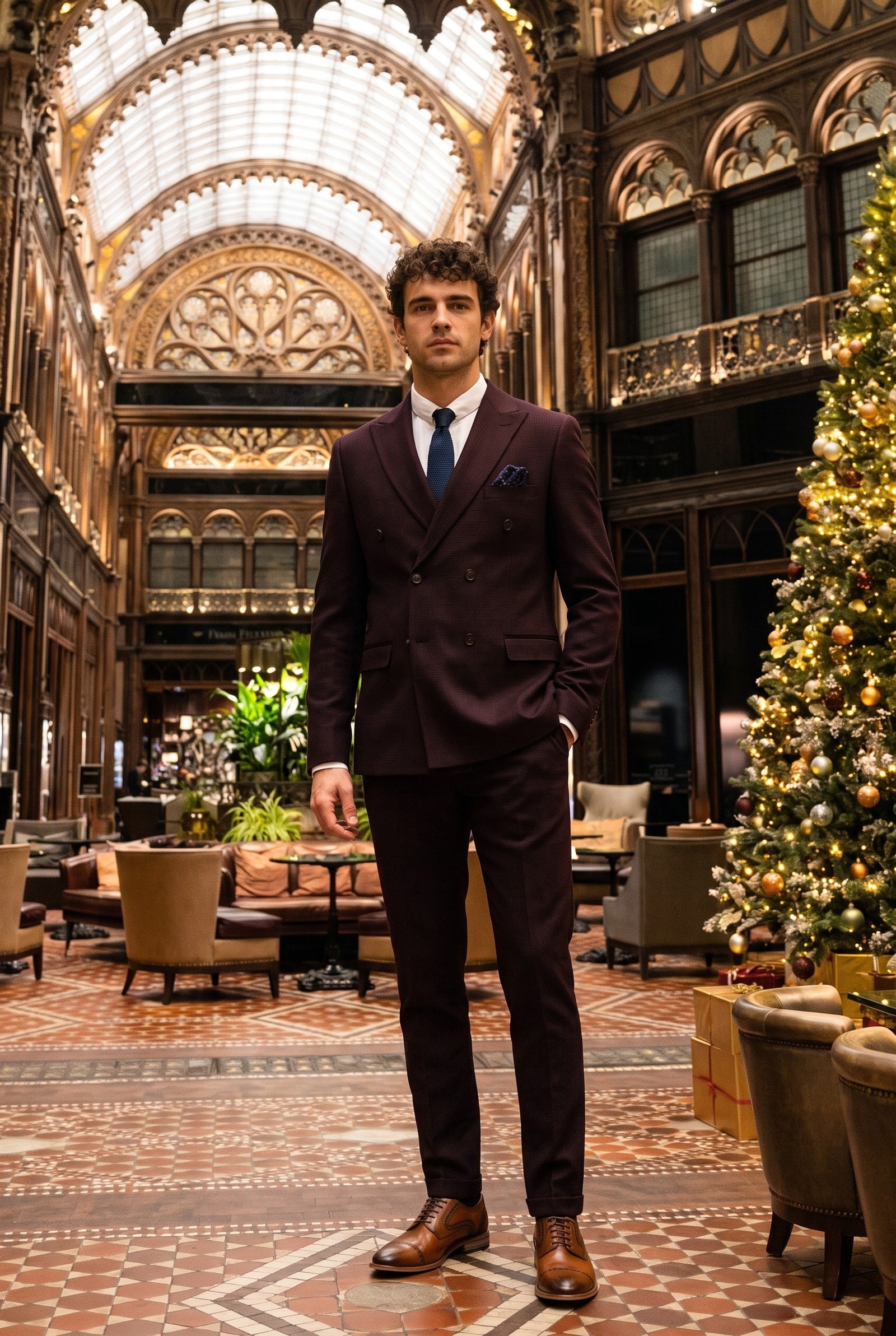 Look #581 styled with Regent - Dwuczęściowy garnitur męski w kolorze bordowym, dwurzędowy