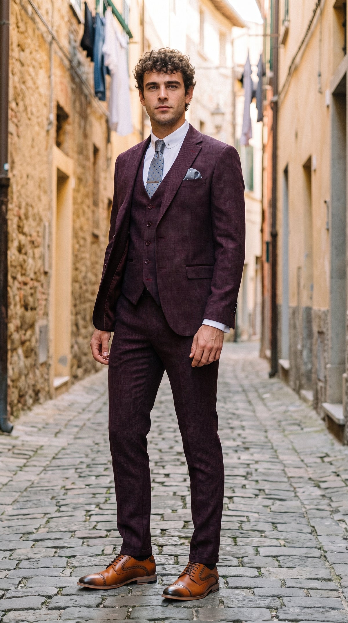 Look #310 styled with Regent - męski garnitur w kratę Prince of Wales w kolorze wina, 3-częściowy
