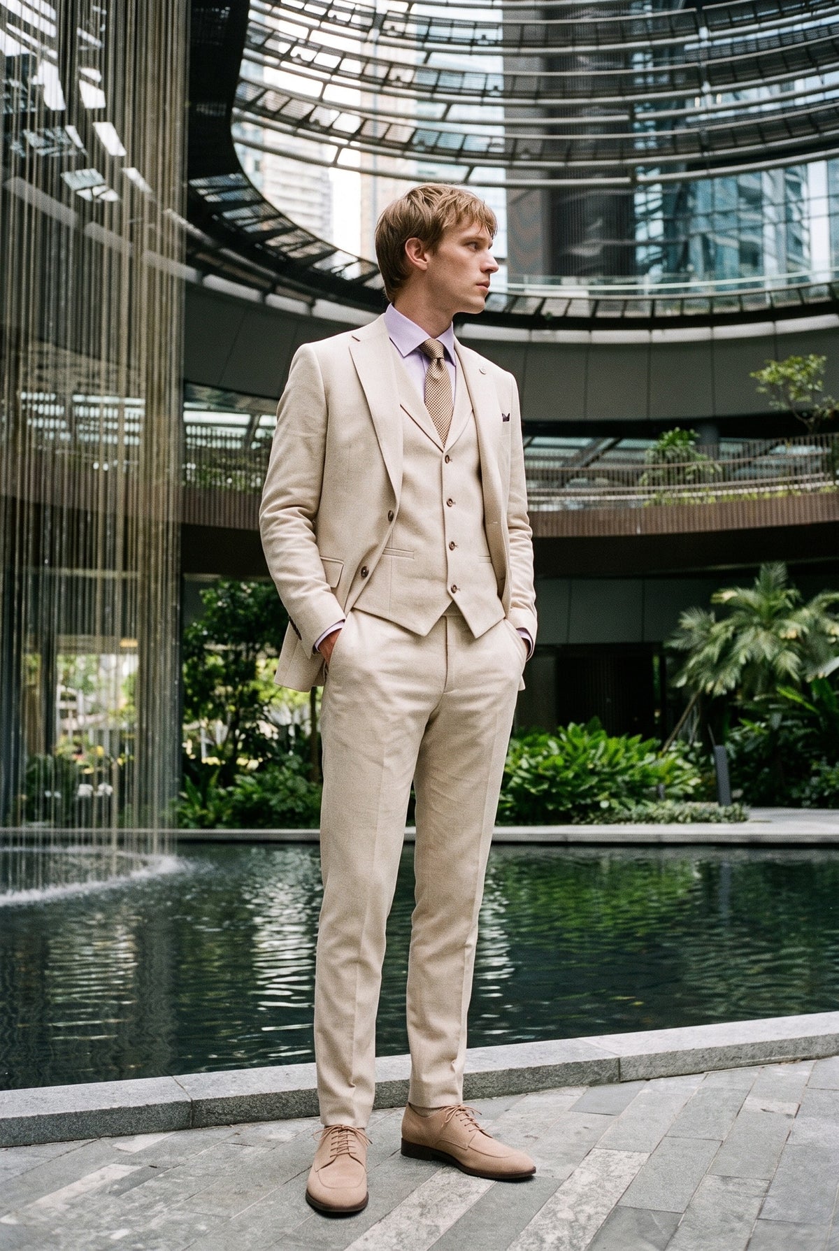 Look #948 styled with TP-21 Męski beżowy 3-częściowy lniany garnitur ślubny na lato