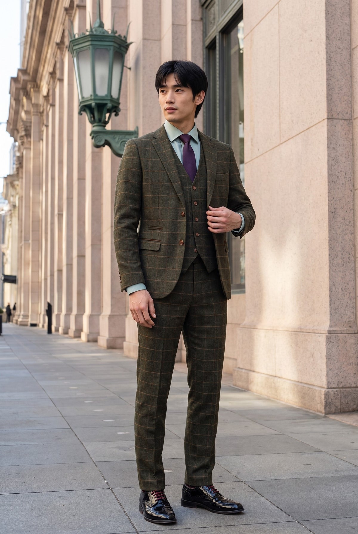 Look #509 styled with Harris - Zielony 3-częściowy garnitur męski z mieszanki wełny i tweedu