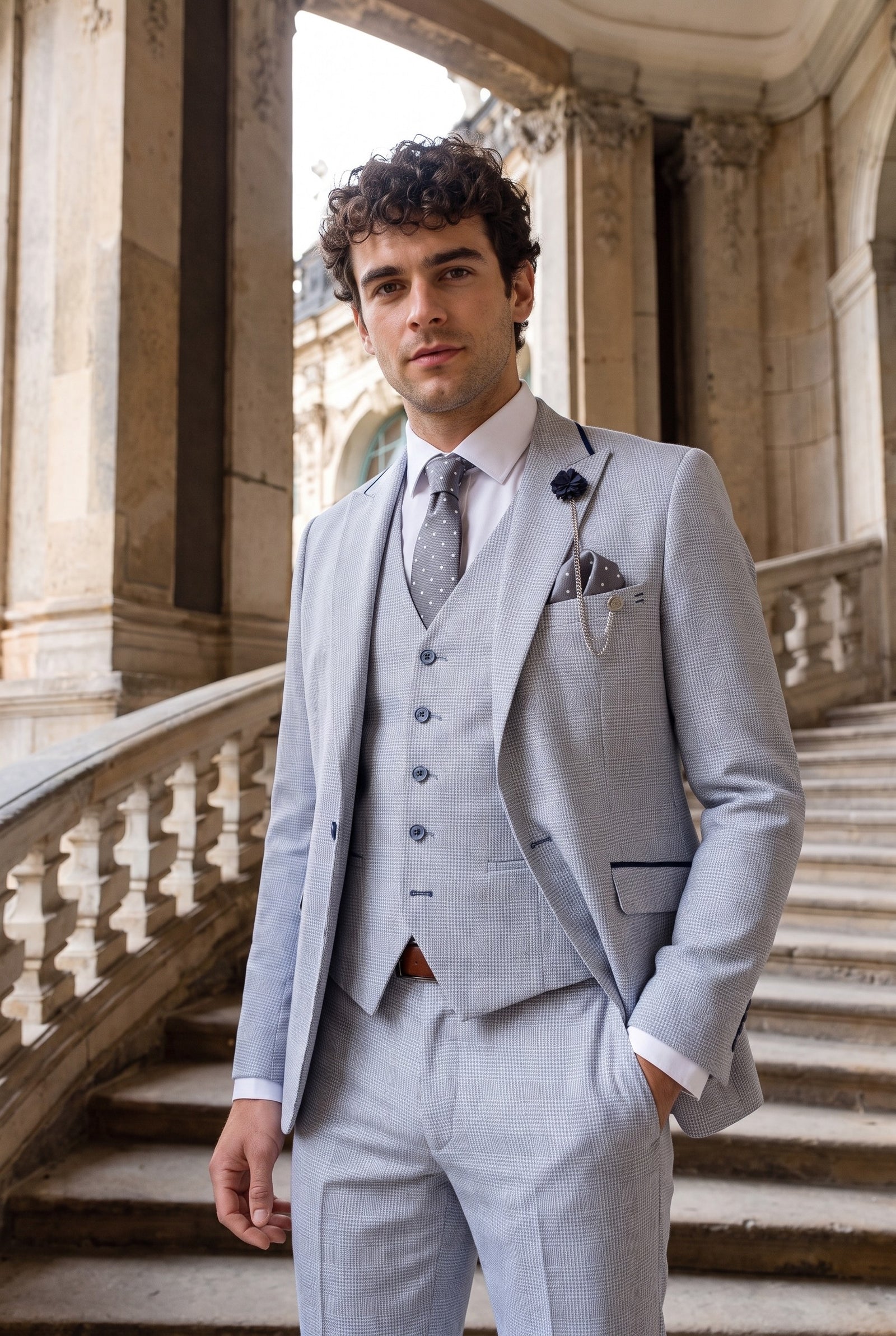 Look #950 styled with Męski 3-częściowy garnitur w kratkę tweedowy w kolorze jasnoniebieskim, dopasowany do ślubu, Peaky Classic