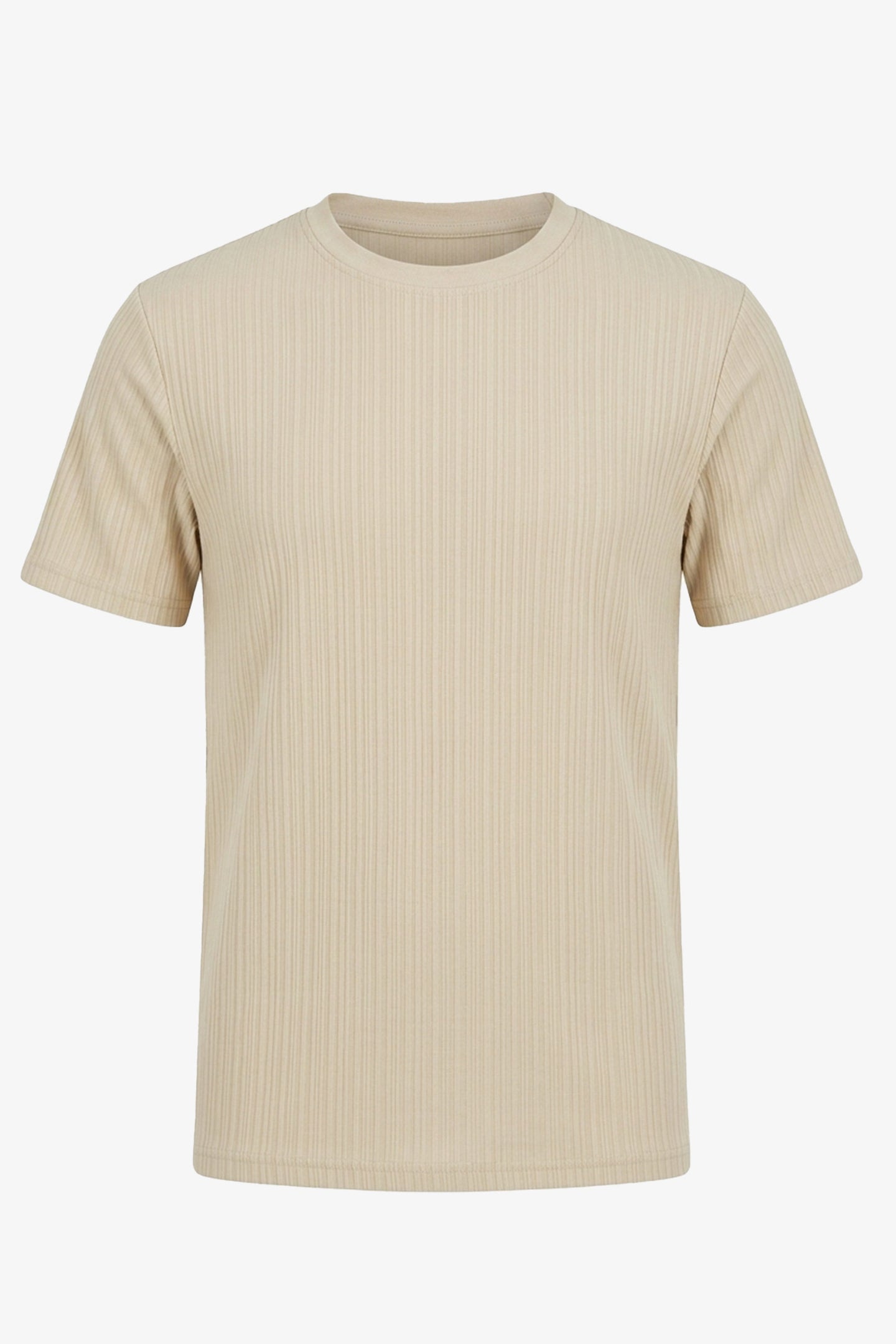 Beżowy, prążkowany, klasyczny T-shirt męski