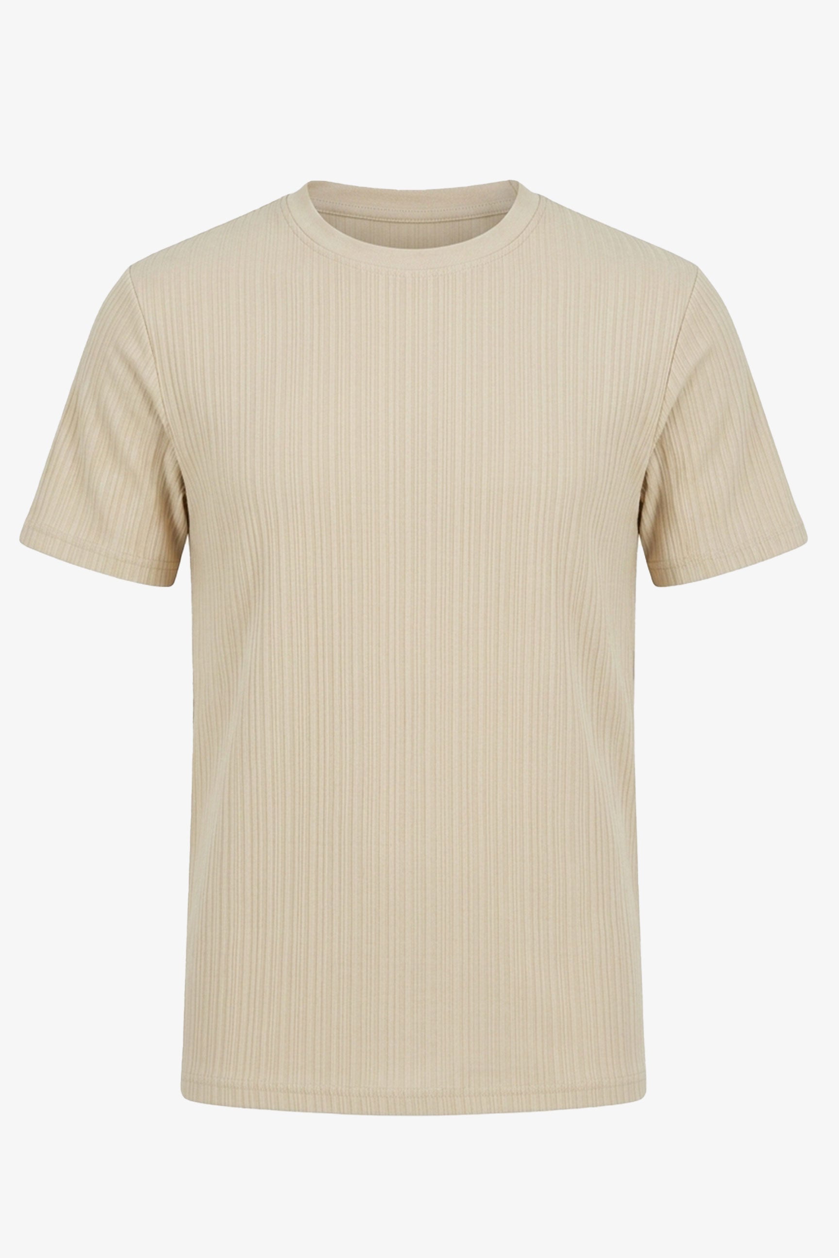 Beżowy, prążkowany, klasyczny T-shirt męski