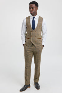 Męski 3-częściowy garnitur w jodełkę tweedowy w kolorze brązowym w kratkę, dopasowany krój, podwójny klasyczny