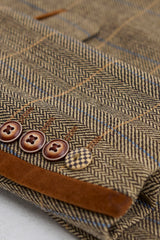 Męski 3-częściowy garnitur w jodełkę tweedowy w kolorze brązowym w kratkę, dopasowany krój, podwójny klasyczny