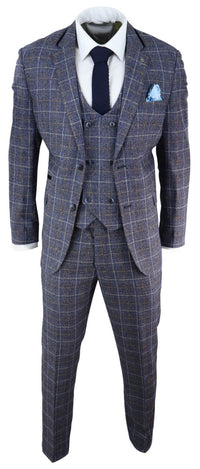 Mens Blue Tweed Check 3 Piece Suit