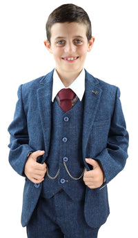 Boys Blue Tweed 3 Piece Suit Carnegi - Wedding Suit