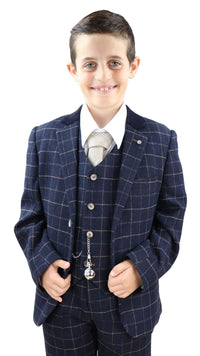 Boys Navy-Blue Check 3 Piece Suit - Peaky Blinders Suit Shelby
