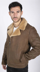 Mens Genuine Sheepskin Leather Cross Zip Flying Aviator Jacket Camel Brown Fur