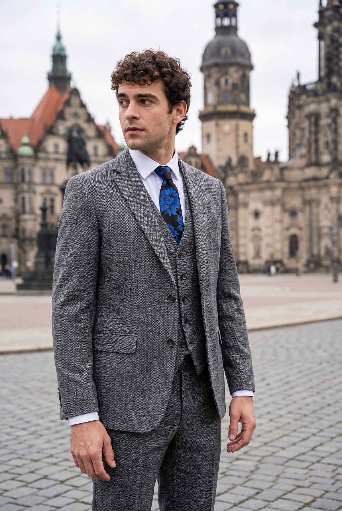 Look #974 styled with IM41 – Szary, trzyczęściowy garnitur męski z tweedu w jodełkę