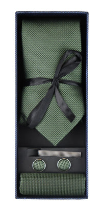 Satin Silk Textured Green Tie Gift Set Pocket Square Cuff Links Tie Matt Satin