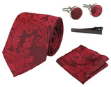 Paisley Neck Red Tie Gift Set Pocket Square Cuff Links Tie Floral Satin
