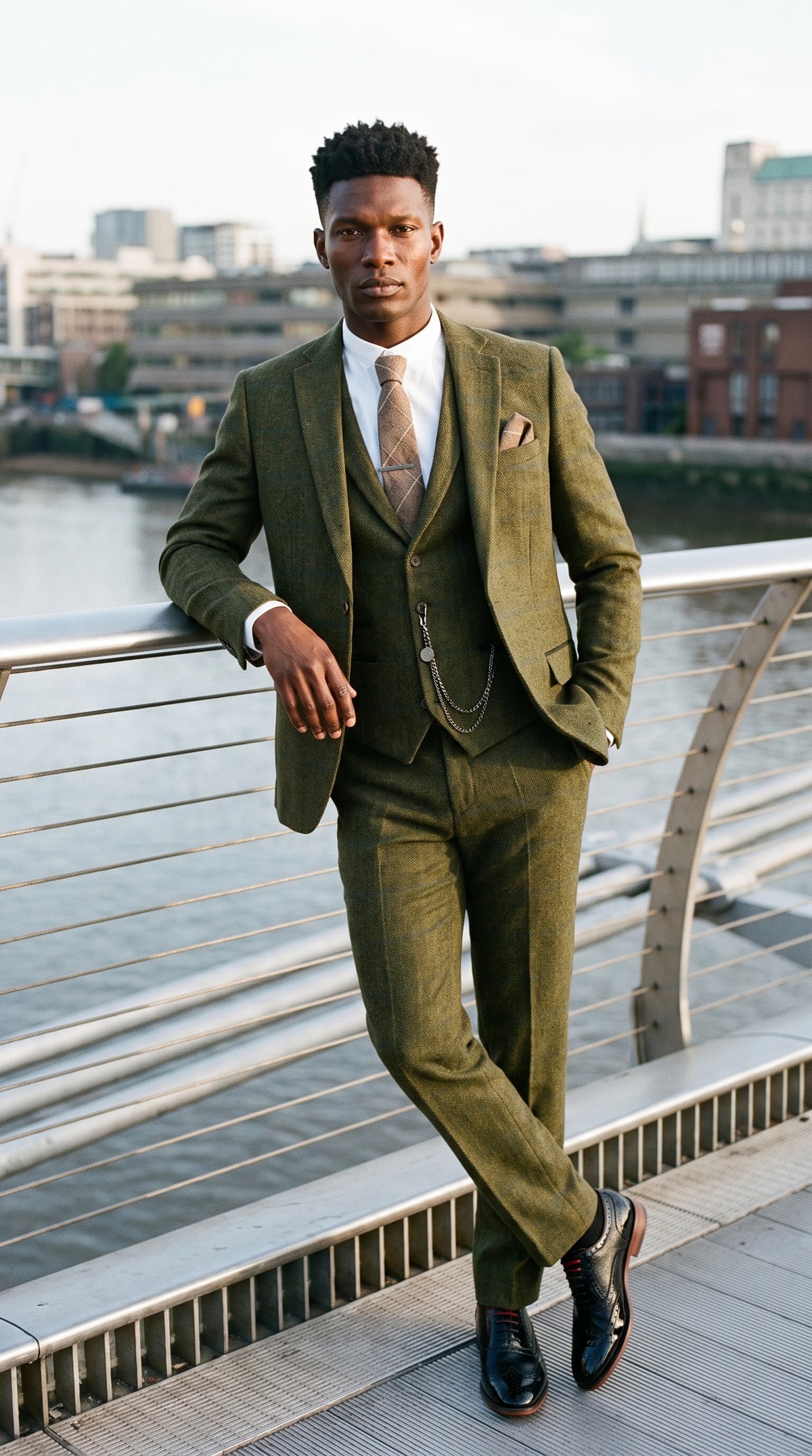 Look #715 styled with Męski garnitur 3-częściowy z wełny tweedowej w kolorze zielono-niebieskim, brązowym, w kratkę, lata 20. XX wieku, Gatsby