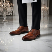 Cambridge - Brązowe, męskie buty typu brogue derby z zapięciem typu wingtip