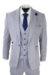 Mens 3 Piece Check Suit Tweed Light Blue Tailored Fit Wedding Peaky Classic