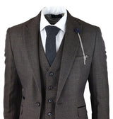 Mens 3 Piece Check Suit Tweed Black Brown Tailored Fit Wedding Peaky Classic