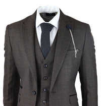 Mens 3 Piece Check Suit Tweed Black Brown Tailored Fit Wedding Peaky Classic