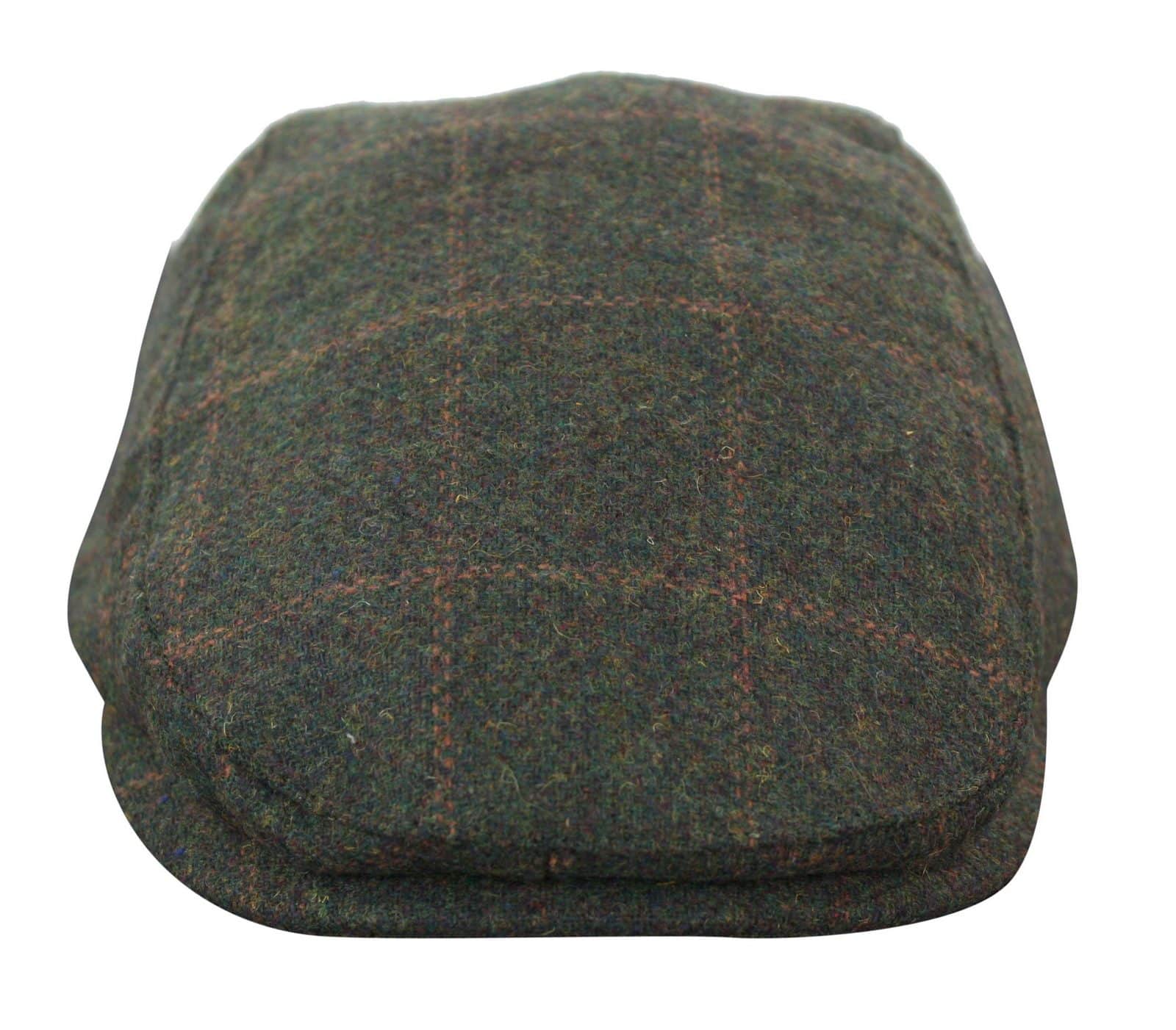 Cavani Kempson Flat Cap - Mens Tweed Wool Check Grandad Hat Vintage - Olive Green/Navy Blue