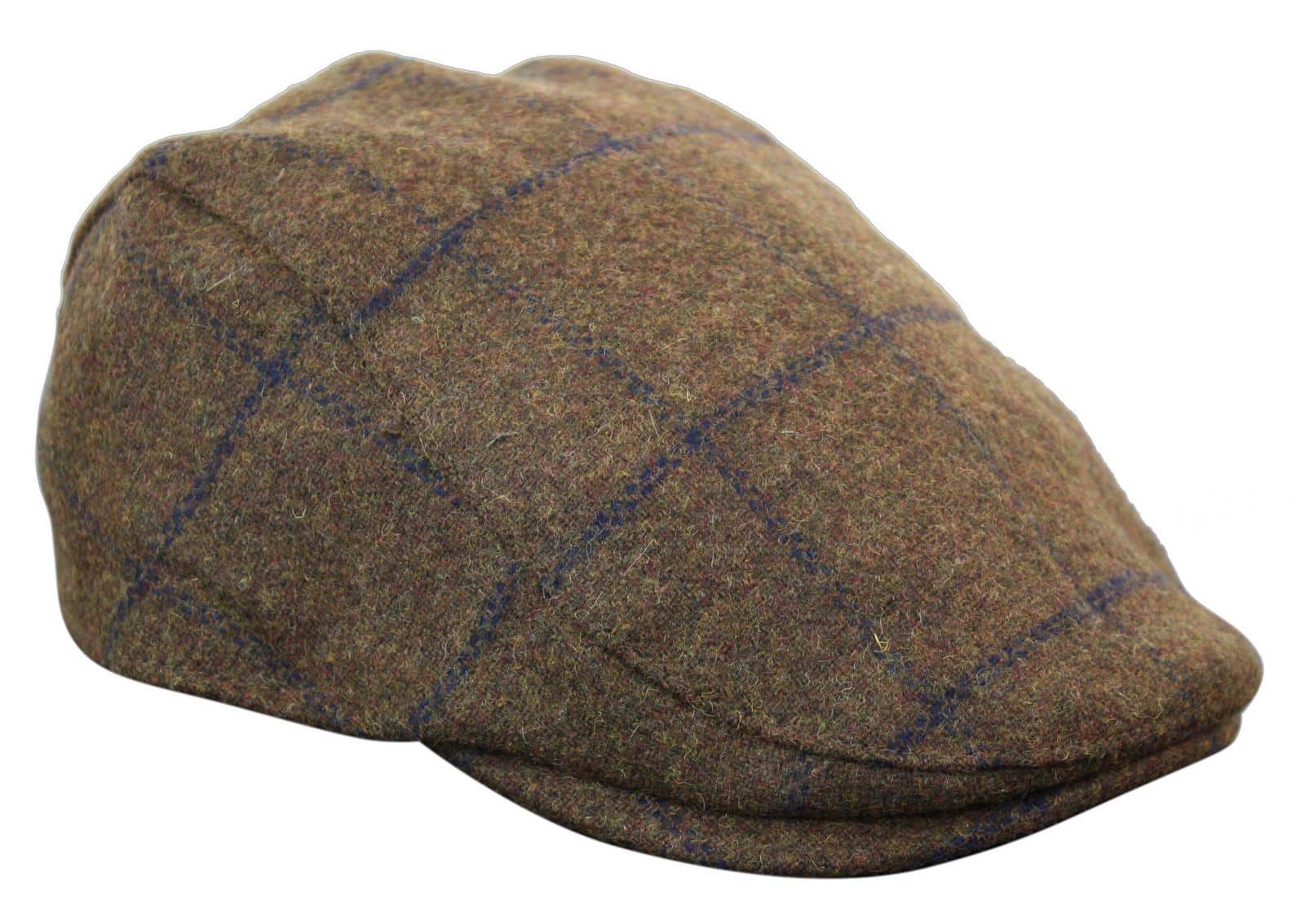 Cavani Kempson Flat Cap - Mens Tweed Wool Check Grandad Hat Vintage - Olive Green/Navy Blue