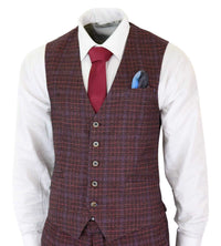 Cavani Carly - Men's 3 Piece Tweed Check Burgundy Suit