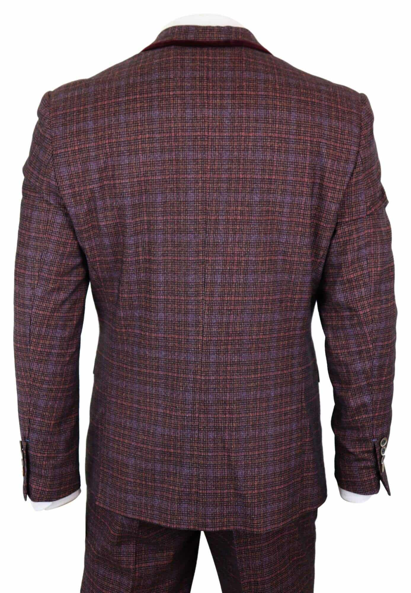 Cavani Carly - Men's 3 Piece Tweed Check Burgundy Suit