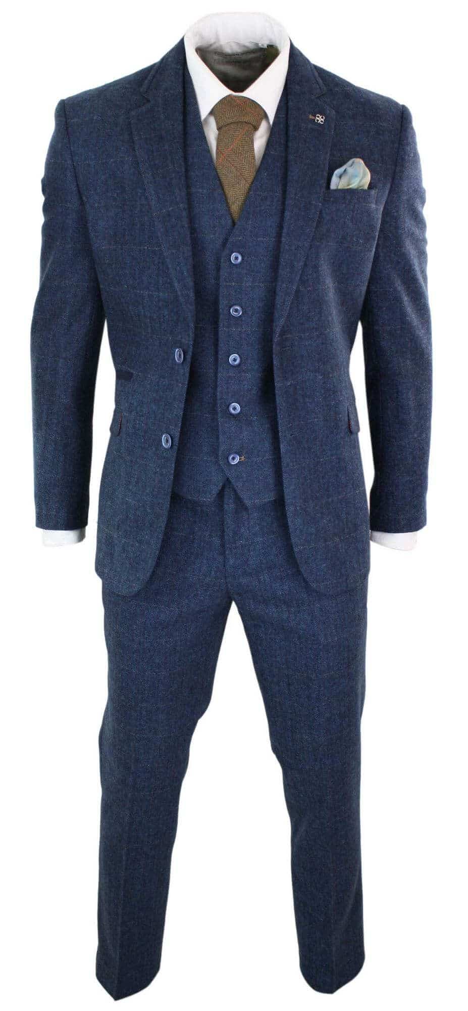Cavani Carnegi - Mens 3 Piece Navy Blue Tweed Check 1920's Vintage Suit