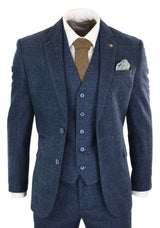 Cavani Carnegi - Mens 3 Piece Navy Blue Tweed Check 1920's Vintage Suit
