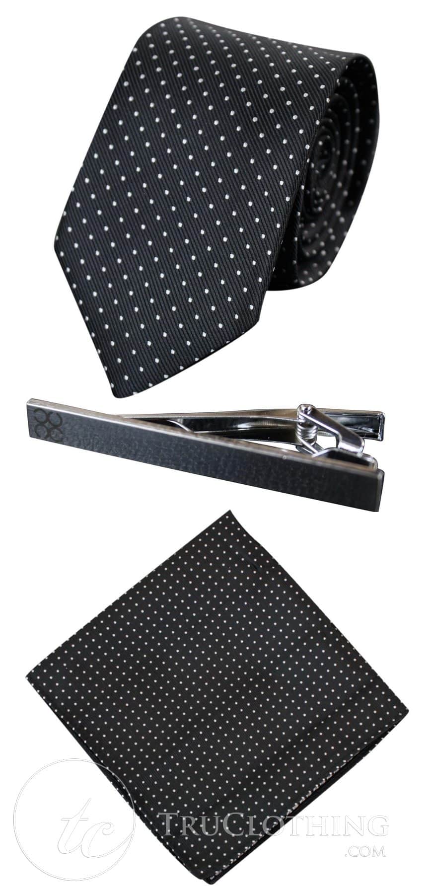 Cavani Satin Tie - Mens Matching Satin Silk Tie Hanky Hankerchief & Tie Clip Polka Dot Wedding Prom Office