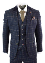 Cavani Shelby - Mens Navy Blue 3 Piece Herringbone Check Suit Vintage Retro Peaky Blinders Tweed