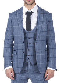 Mens Marc Darcy Light Blue Navy Check 3 Piece suit Smart Casual Tweed Slim Fit Clinton