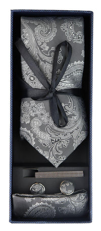 Paisley Neck Grey Tie Gift Set Pocket Square Cuff Links Tie Floral Satin