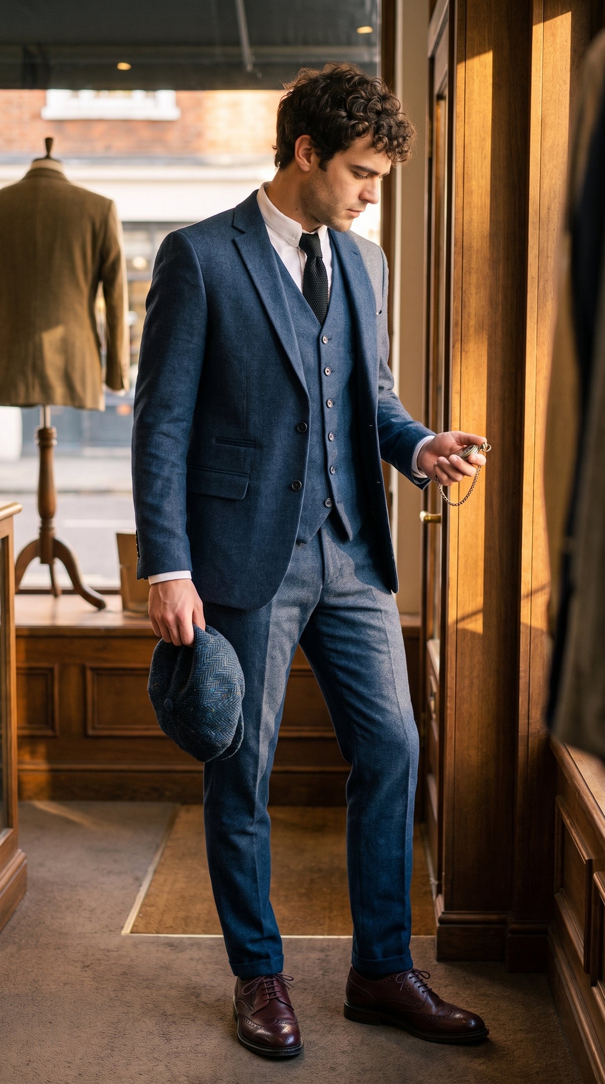 Look #828 styled with Męski granatowo-niebieski wełniany garnitur Peaky Blinders