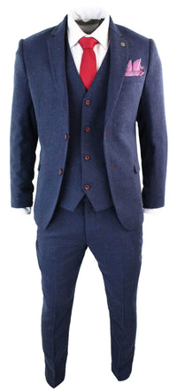 Men's 3 Piece Navy-Blue Slim Fit Suit with Wine Trim