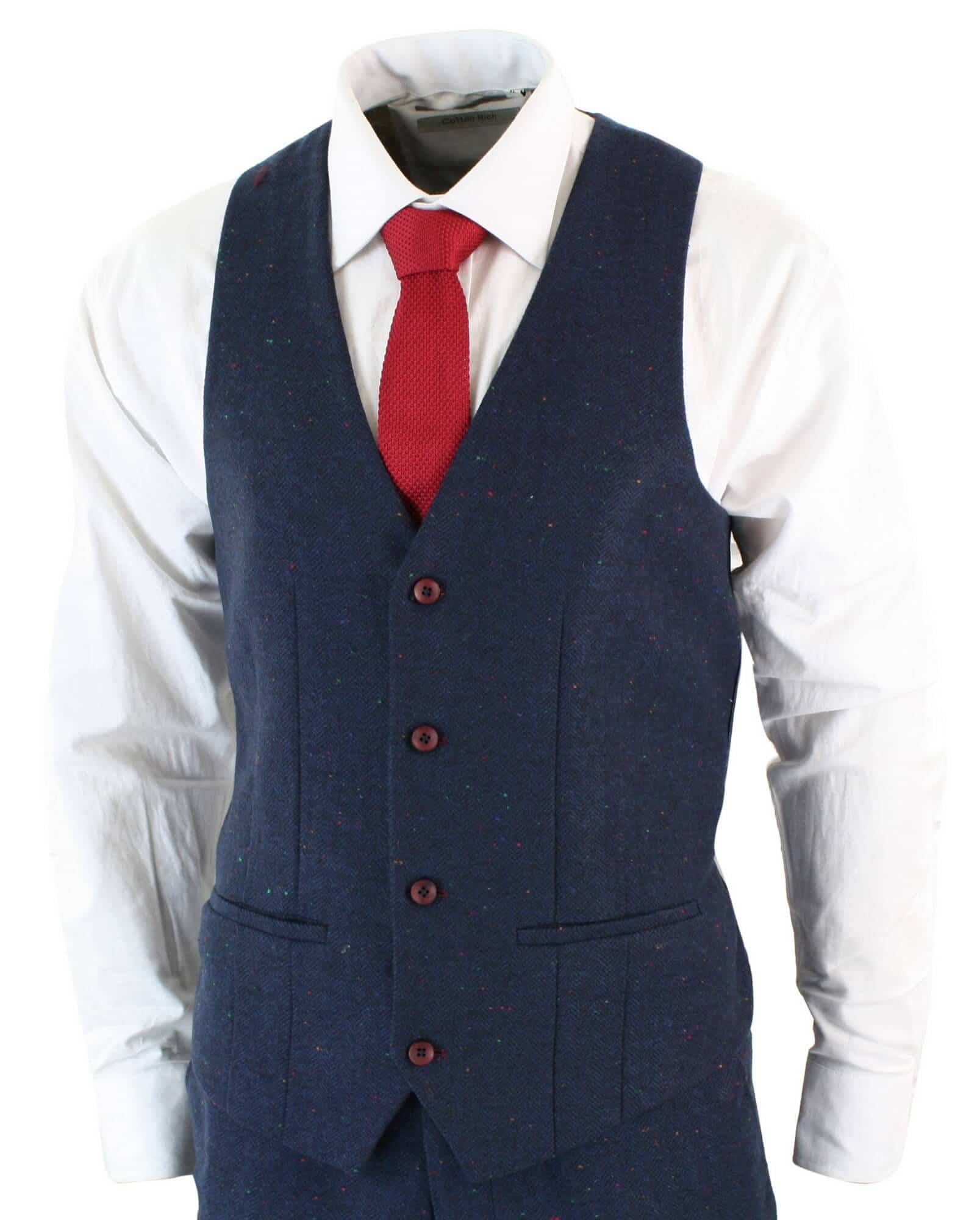 Men's 3 Piece Navy-Blue Slim Fit Suit with Wine Trim