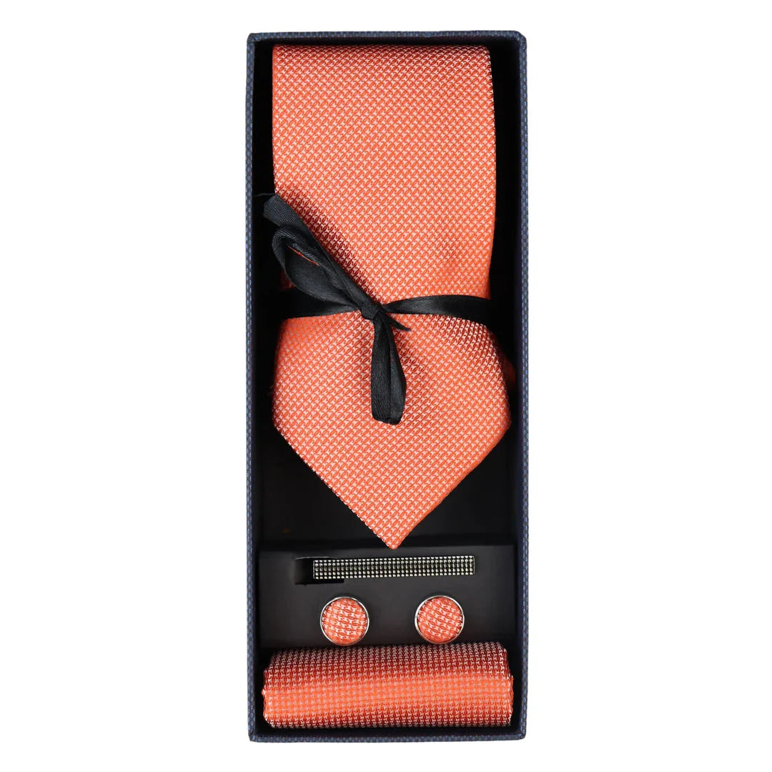 Diamond Neck Orange Tie Gift Set Pocket Square Cuff Links Pin Tie For Shirt Satin