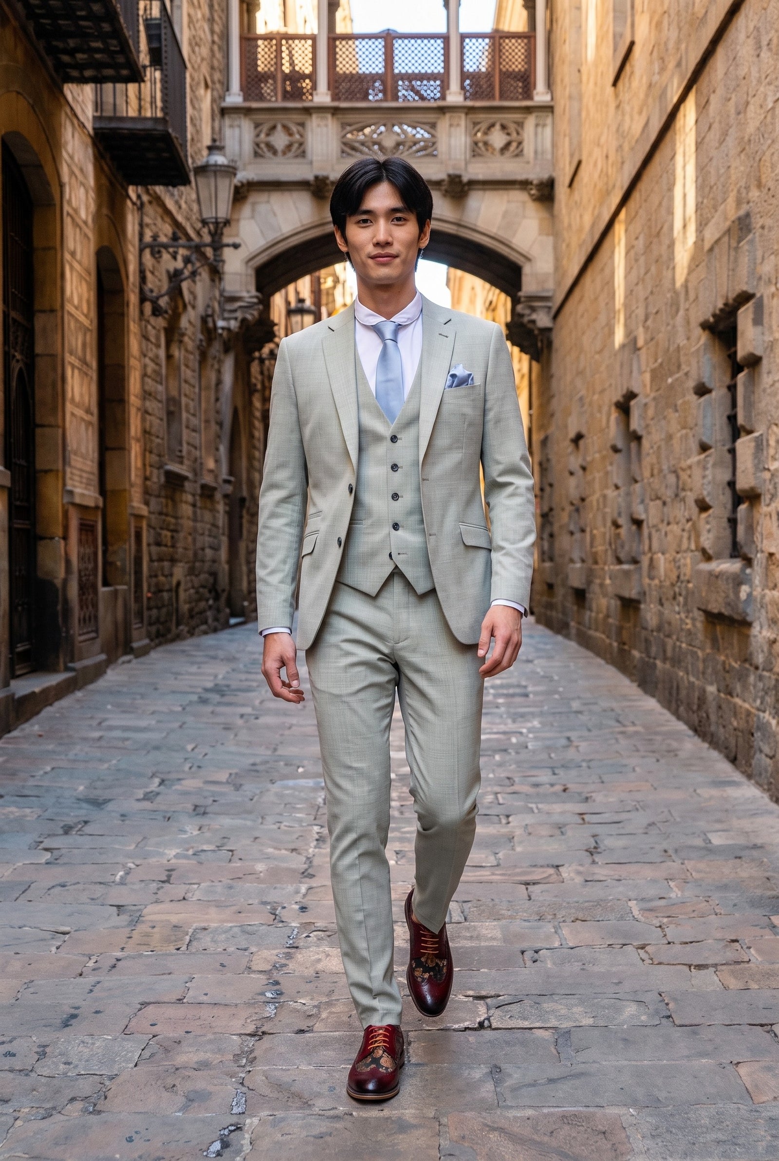 Look #238 styled with Camden - Męski garnitur trzyczęściowy w kolorze szałwiowej zieleni, dopasowany do sylwetki