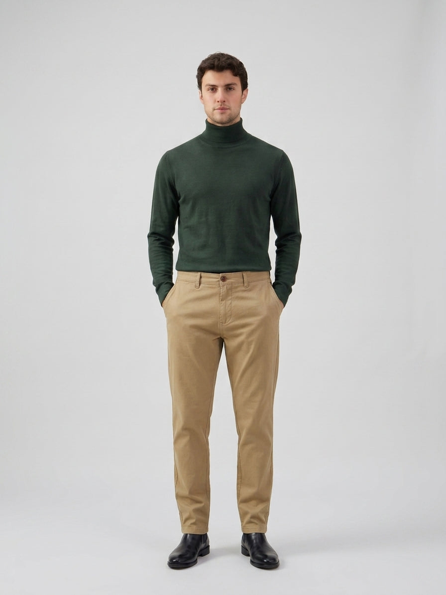 Męskie spodnie chino w kolorze khaki z mieszanki lnu, z cienkiej bawełny Tencel, letniej tkaniny