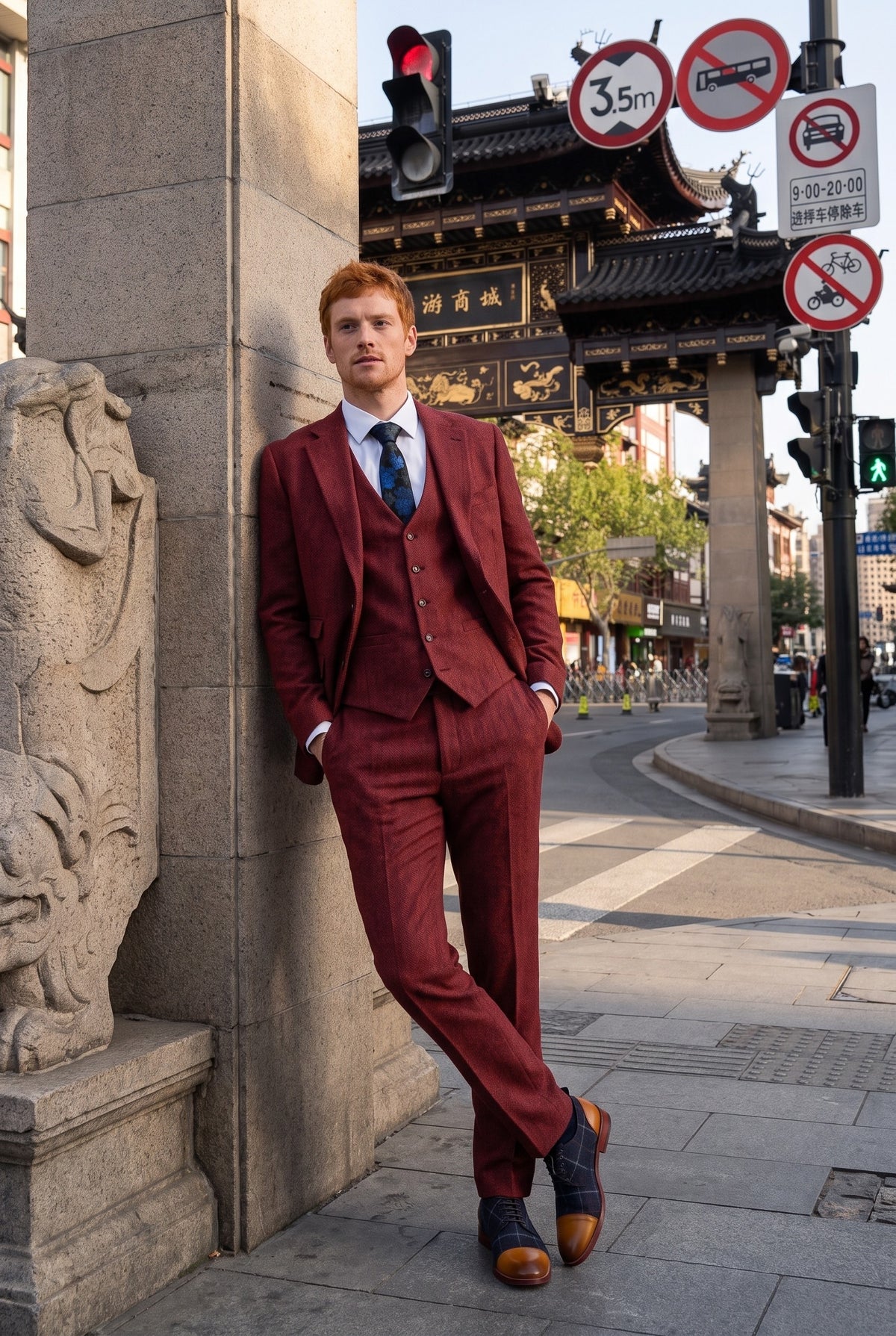 Look #271 styled with Męski garnitur tweedowy w jodełkę, w kolorze bordowym, 3-częściowy - STZ11