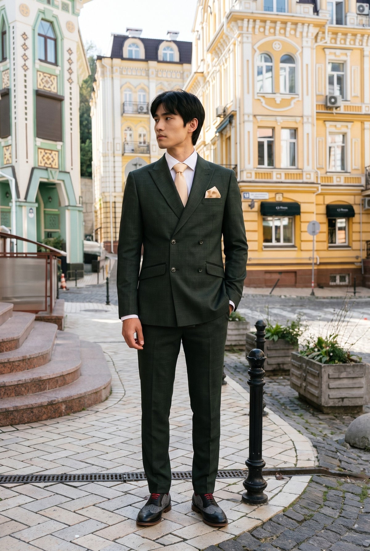 Look #780 styled with Caridi – Dwuczęściowy męski garnitur dwurzędowy w kolorze oliwkowozielonym