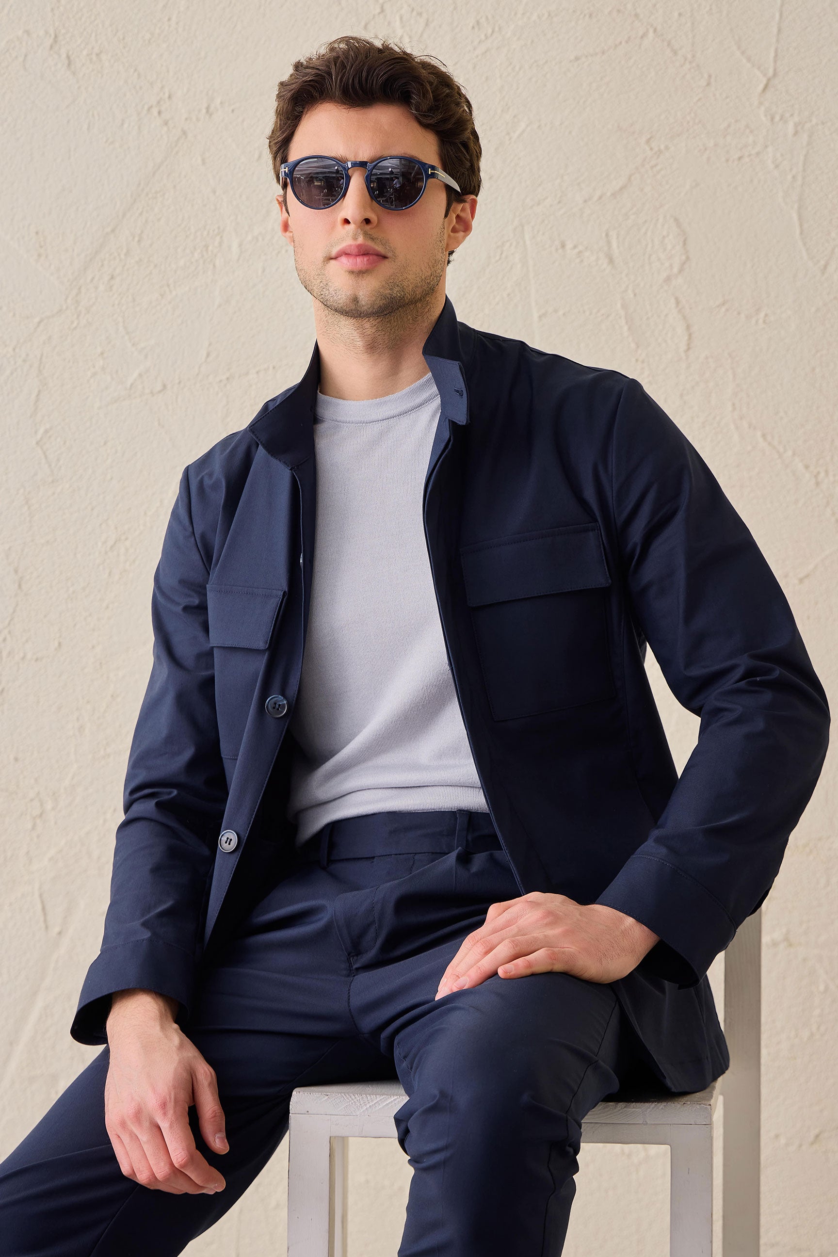 Męska granatowa kurtka użytkowa, lekka, z mieszanki bawełny, elegancka kurtka casualowa