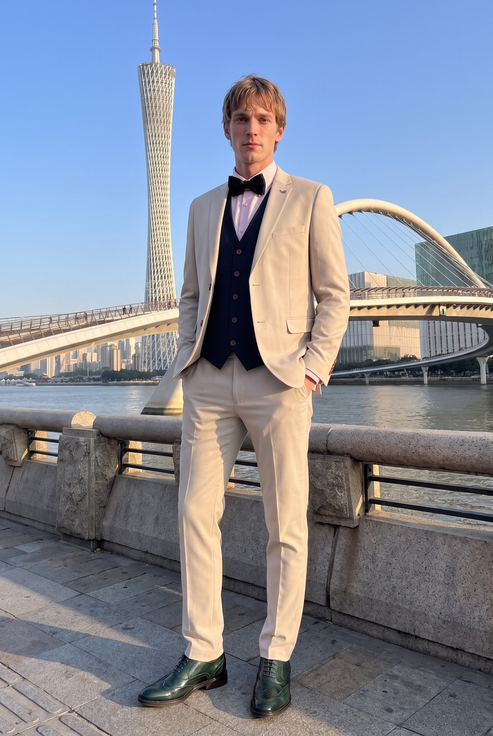 Look #999 styled with Mayfair – Męski 3-częściowy kremowy garnitur z granatową kamizelką