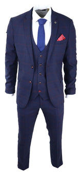 Mens Navy Check 3 Piece Suit Red Edinson Marc Darcy Classic Vintage Wedding