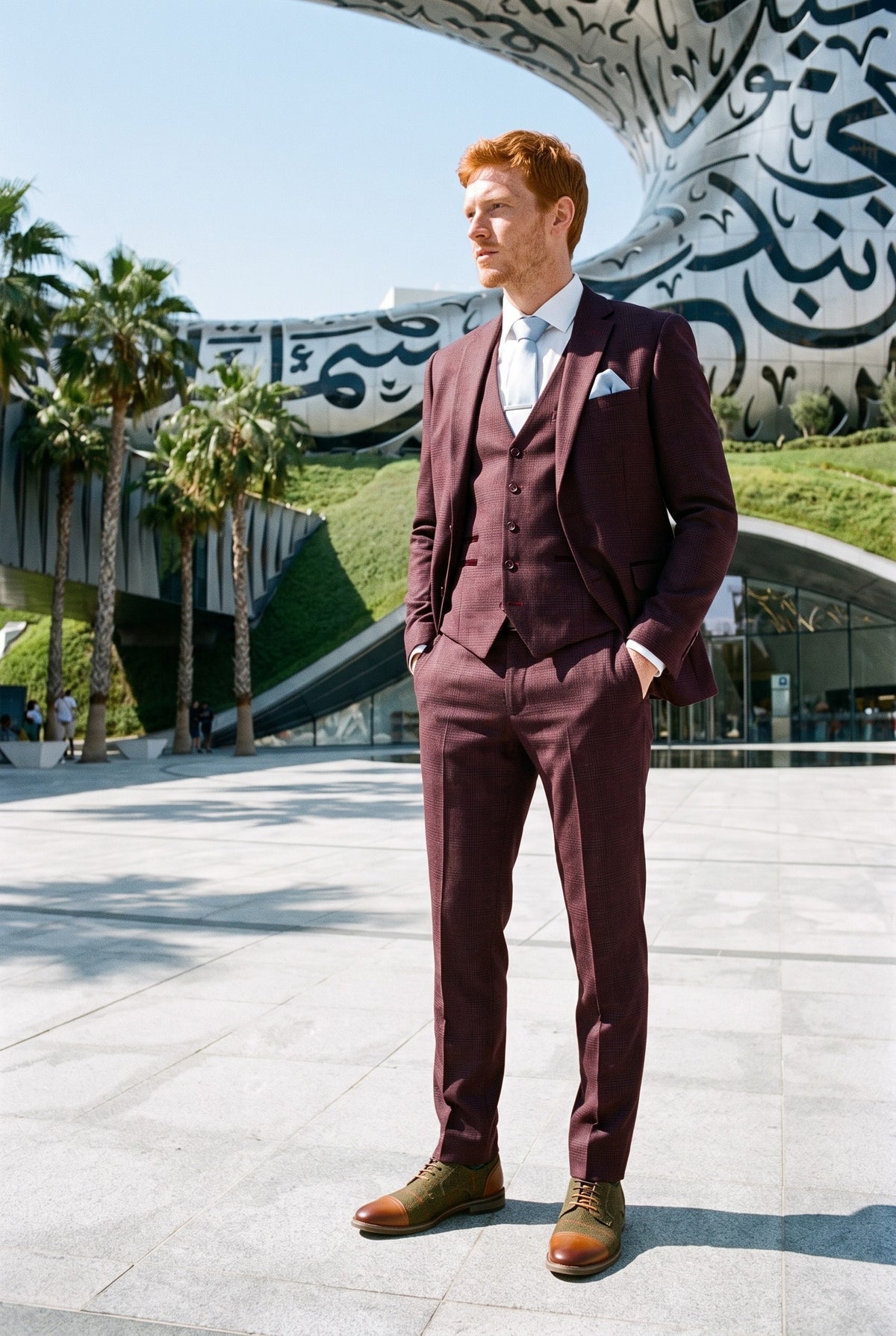 Look #286 styled with Regent - męski garnitur w kratę Prince of Wales w kolorze wina, 3-częściowy