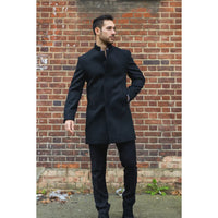 Men's Stand Collar Wool Blend Black Overcoat